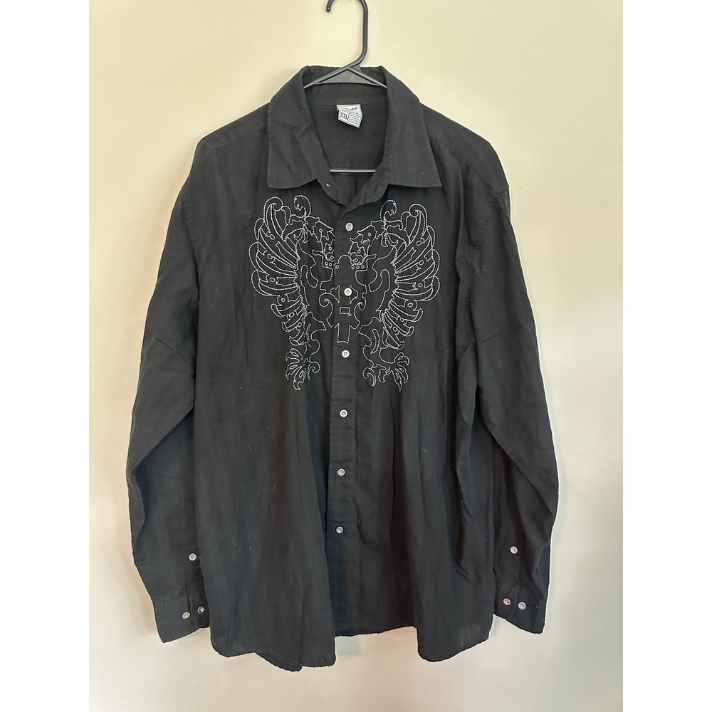 Avirex Black Embroidered Front Gothic Shirt Button Up Long Sleeves 2XL Mens Y2K